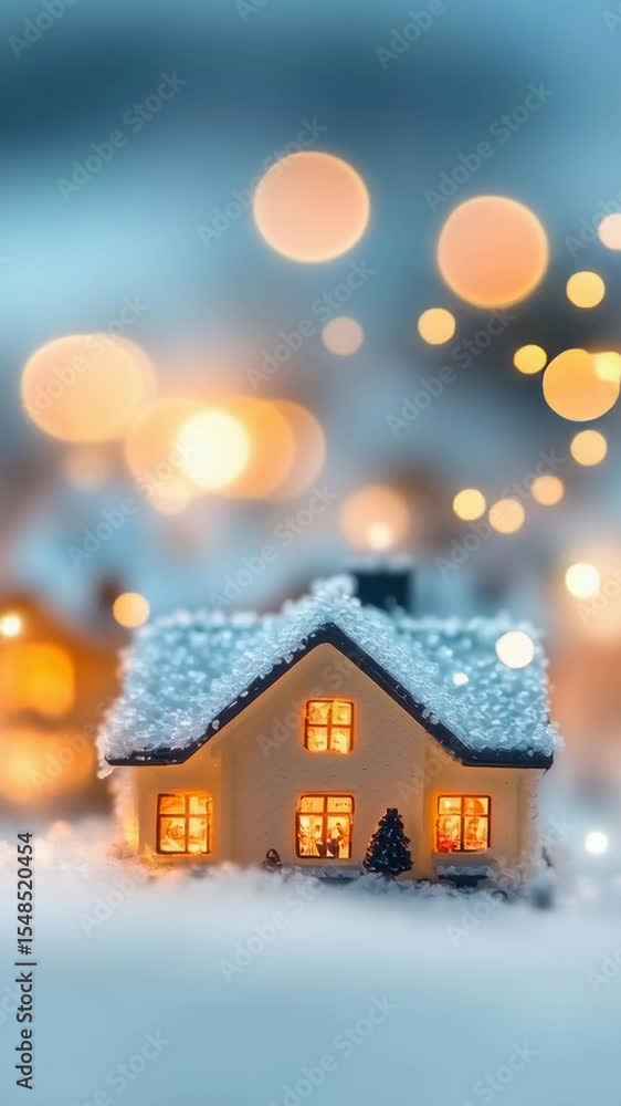 A beautiful winter landscape features a cozy house adorned with warm lights, surrounded by soft snow and shimmering bokeh effects. A beautiful winter landscape features a cozy house adorned with warm lights, surrounded by soft snow and shimmering bokeh effects.