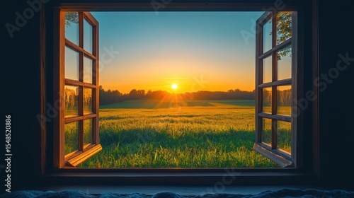 a tranquil morning unfolds through an open window revealing a picturesque landscape bathed in the golden light of sunrise evoking a sense of peace and serenity