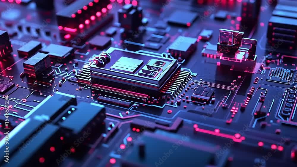 Close-up view of a vibrant circuit board with glowing components showcasing advanced technology Close-up view of a vibrant circuit board with glowing components showcasing advanced technology