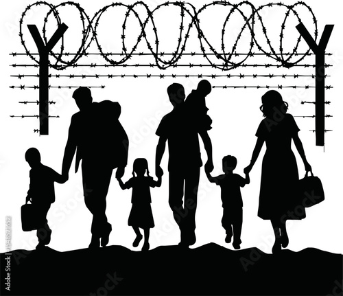 Refugee Group Silhouette. Banner with people crossing border with barbed wire, fleeing wars, poverty, humanitarian and natural disasters. Flat vector illustration isolated on white background