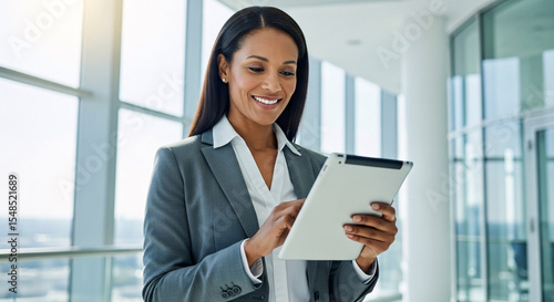 Smiling businesswoman using tablet in modern office space with large windows and natural light coming in