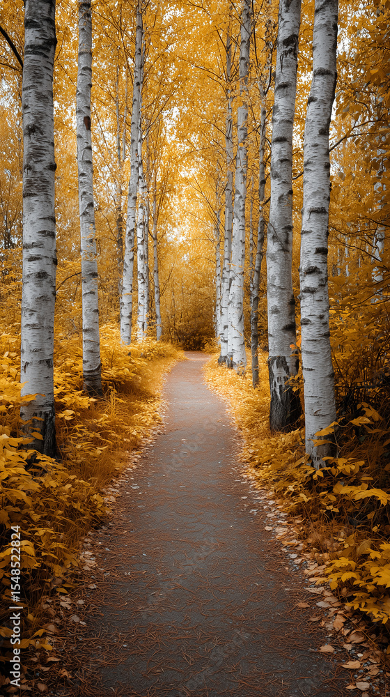 Obraz premium Pathway meanders through vibrant birch forest with golden autumn leaves. Peaceful atmosphere creates a serene escape for nature enthusiasts. Concept of outdoor leisure, hiking, nature tourism