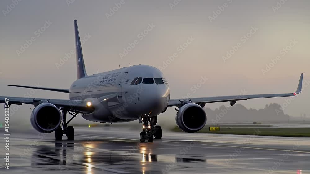 Passenger Plane on Wet Runway During Cloudy Evening Reflecting Lights In Low Angle View Passenger Plane on Wet Runway During Cloudy Evening Reflecting Lights In Low Angle View