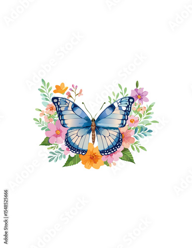 beautiful butterfly with flowers; watercolor hand painted