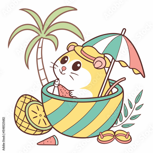 Curious expression on a Hamster in a Tropical theme, with in a teacup – Tropical Vibes vector art