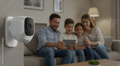 Security Camera Monitoring Family Using Tablet in Living Room