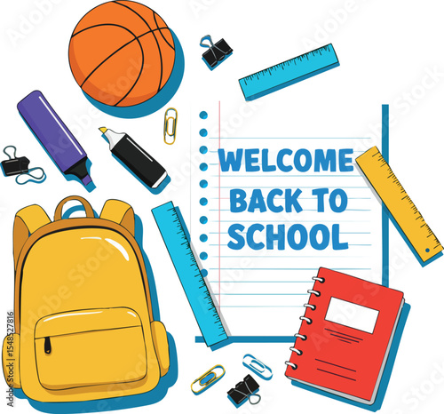 School Supplies Backpack Basketball Notebook and Stationery Welcome Back to School Vector Illustration 
