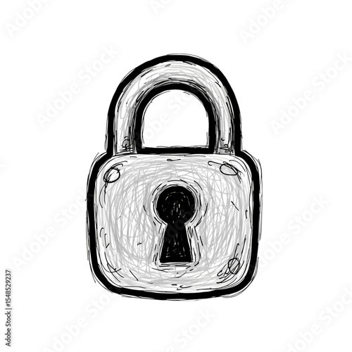 Hand drawn padlock icon with a sketchy texture Locked symbol for security safety privacy and protection concepts Charcoal drawing of a secure lock graphic
