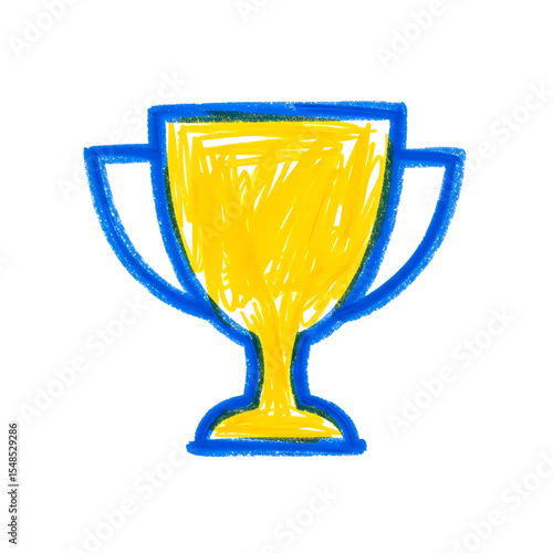 Yellow and blue trophy cup doodle icon Hand drawn sketch of a champion prize for victory success and achievement concepts Crayon drawing of a winner award
