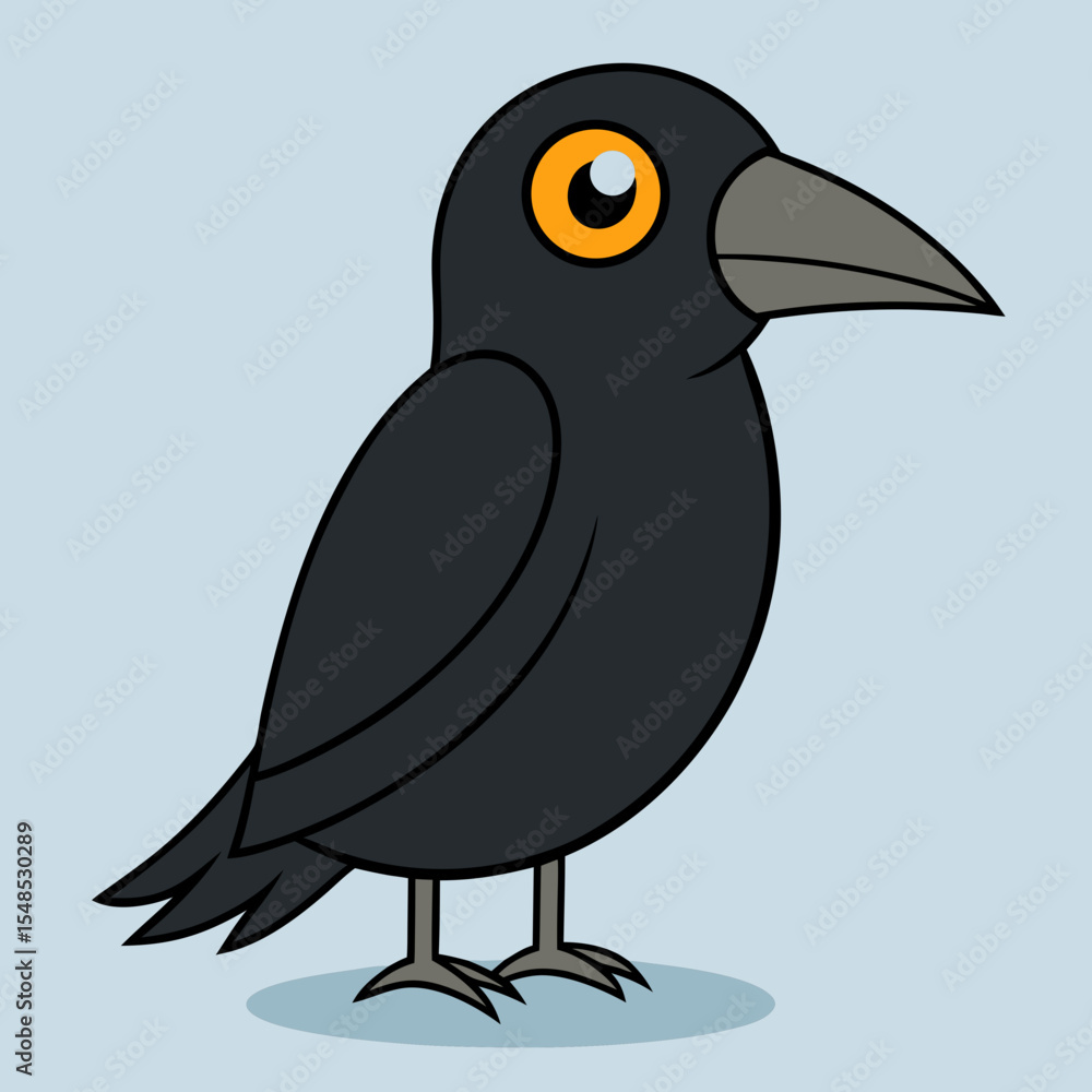 Fototapeta premium Cartoon Crow with Bright Orange Eyes and Dark Feathers Standing Proudly.