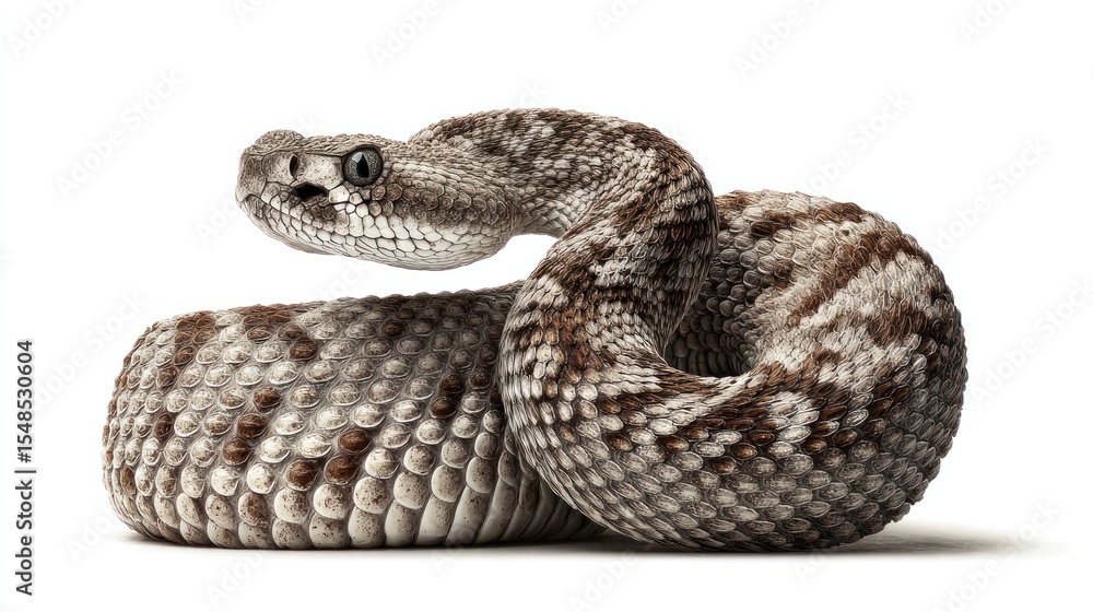 Fototapeta premium Close-up of a coiled rattlesnake against white background