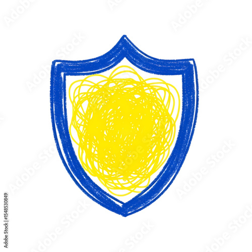 Yellow and blue shield doodle icon Hand drawn sketch of a security symbol for protection safety and defense concepts Crayon drawing of a guard emblem