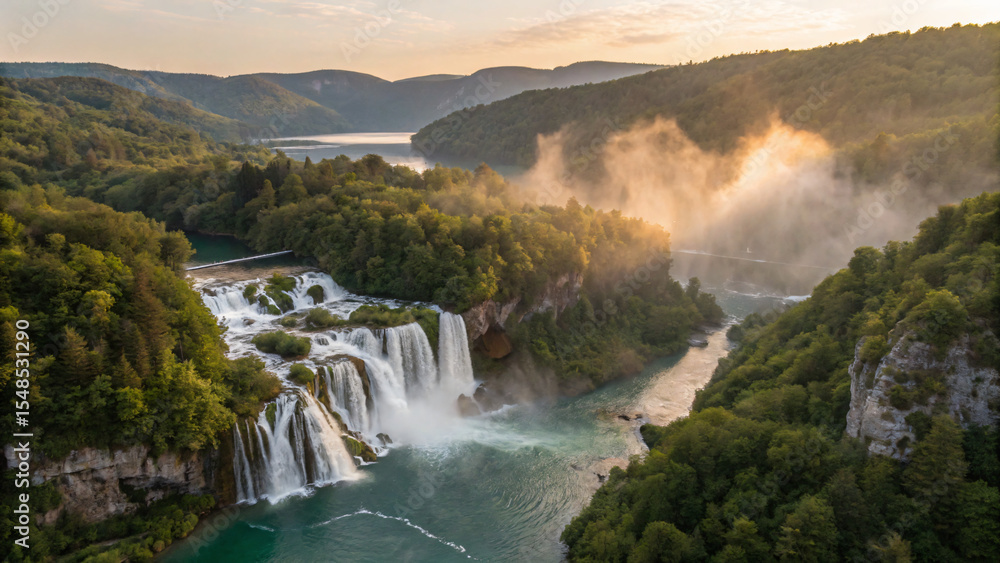 Fototapeta premium Majestic european waterfall cascading over limestone cliffs