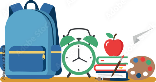 Backpack clock apple books paint palette and paper airplane school supplies vector illustration 