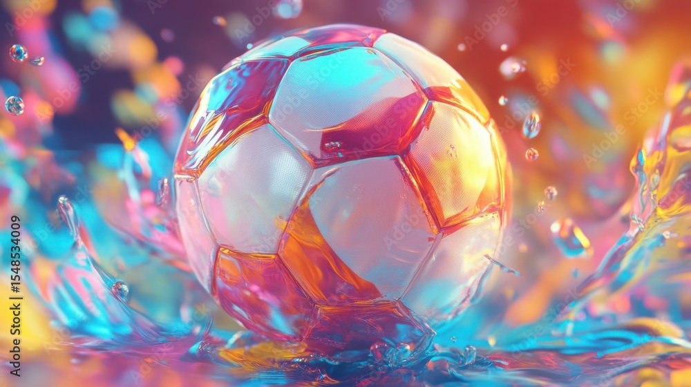 Naklejka premium Dynamic soccer ball surrounded by splashes of vibrant liquid and bokeh lights