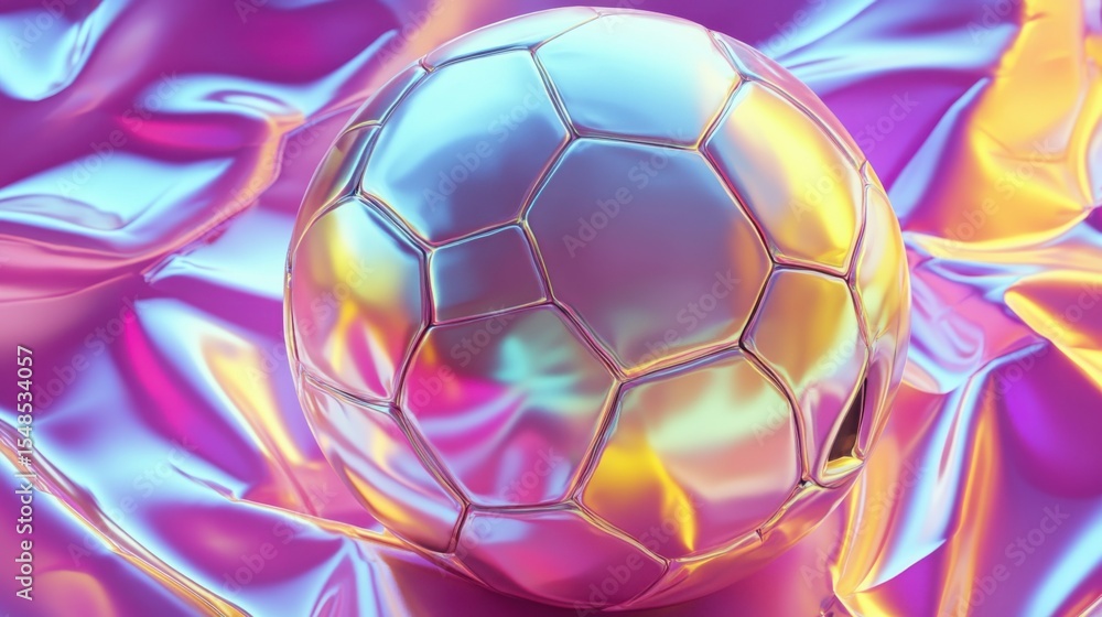 Naklejka premium Iridescent soccer ball lying on a shiny reflective and colorful surface