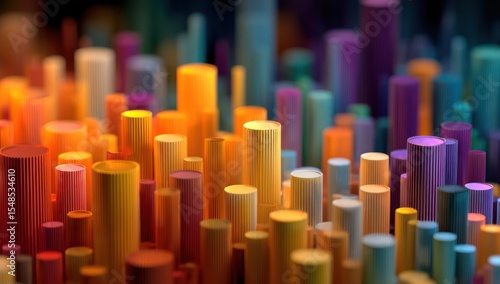 Abstract Colorful Cylinderscape: A vibrant, dynamic 3D rendering of colorful, textured cylinders forming a captivating cityscape.