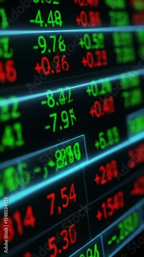  A digital stock market ticker with green and red numbers scrolling across the screen.