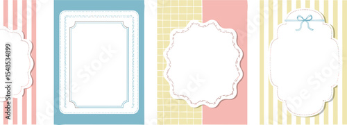 Vintage hand drawn frames with whimsical lines, bows, ribbons. Italian summer vacation aesthetic. Colorful minimalist line borders, postage stamp .