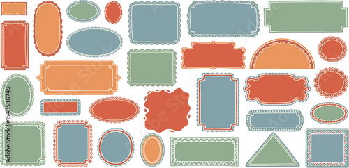 Collection of hand drawn colorful wavy frames different shapes. Summer decorative frames. Modern trendy borders for wedding invitation, birthday card, social media template.