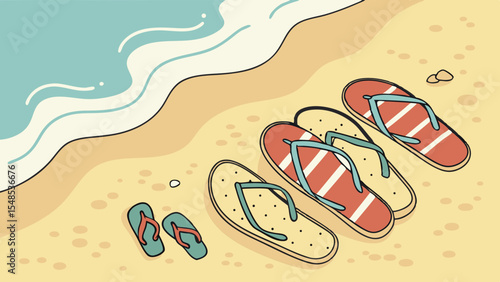 Tropical flip-flops resting on the sandy beach, ready for summer fun by the sea