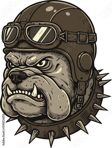 Bulldog with aviator helmet and spiked collar aggressive mascot vector illustration 