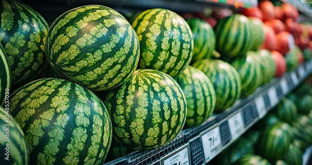 Close-up of ripe watermelons stacked on a supermarket shelf. Close-up of ripe watermelons stacked on a supermarket shelf.