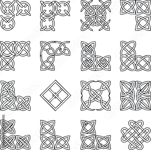 Celtic knot corner and square elements vector set with intricate line art designs