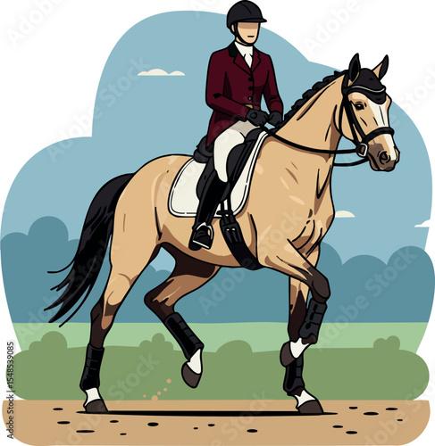 Equestrian rider on bay horse in riding outfit with helmet outdoor scene 