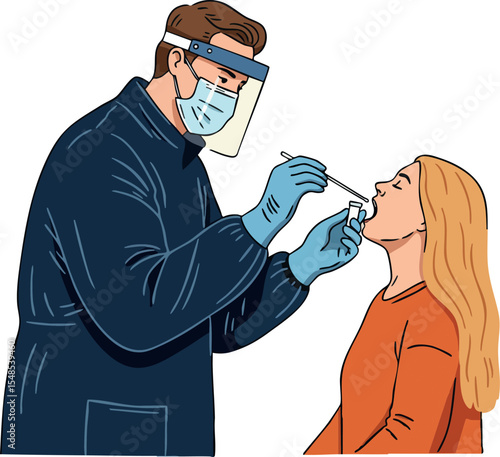 Medical professional performing covid nasal swab test with protective gear vector illustration 