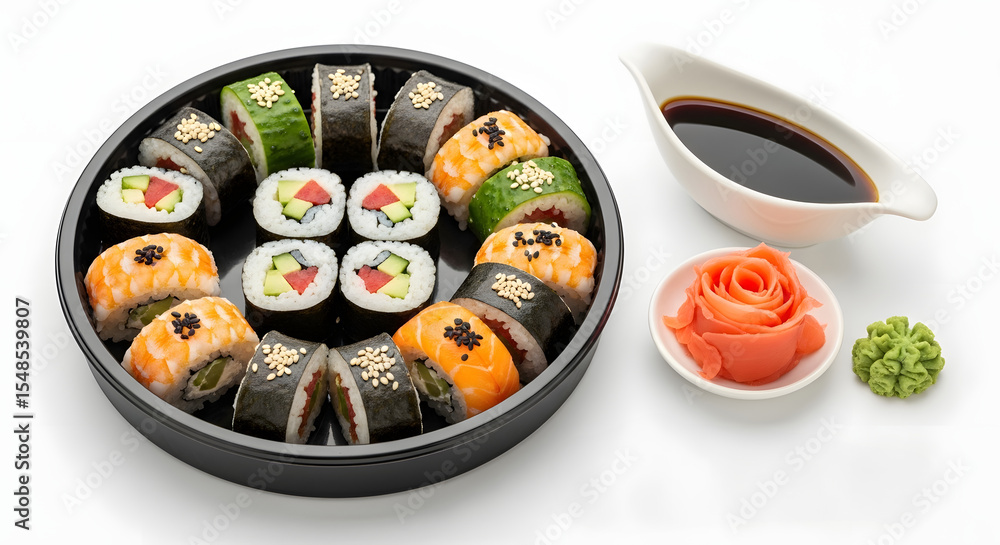 Sushi platter with maki rolls, california rolls, ginger, wasabi and soy sauce for asian food lovers Sushi platter with maki rolls, california rolls, ginger, wasabi and soy sauce for asian food lovers