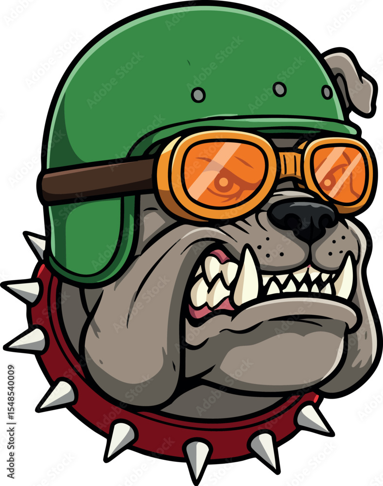 Obraz premium Bulldog wearing green helmet and orange goggles aggressive expression vector illustration 