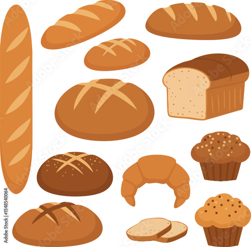 Assorted bakery bread and pastry collection with muffins and croissant vector illustration 