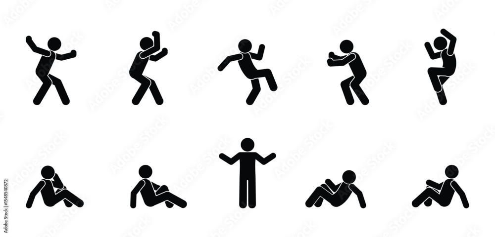 Naklejka premium stick figure people pictogram, set of human silhouettes, man icon, various poses, gestures and movements