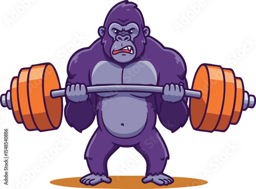 Strong purple gorilla lifting heavy orange barbell cartoon illustration vector 
