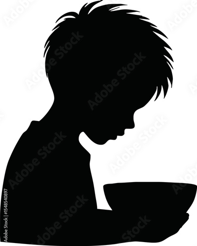Silhouette of a hungry child sitting on the ground holding an empty bowl, head slightly bowed, thin and fragile figure, sad posture, isolated on white background, vector style