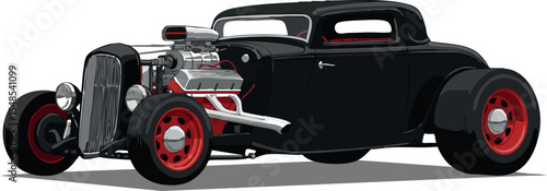 Classic black hot rod car with red wheels and exposed engine vector illustration