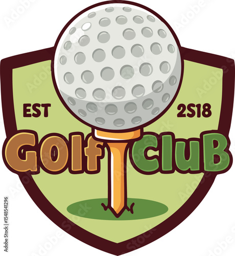 Golf club logo design with golf ball and tee in green and brown colors 