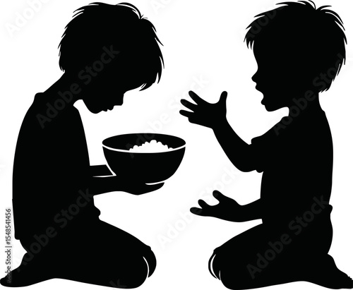 Silhouette of a hungry child sitting on the ground holding an empty bowl, head slightly bowed, thin and fragile figure, sad posture, isolated on white background, vector style