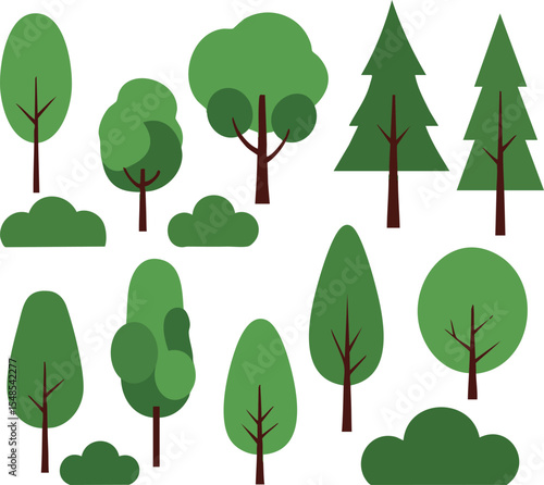 Various green trees and bushes vector illustration with simple flat design elements for nature scenes 