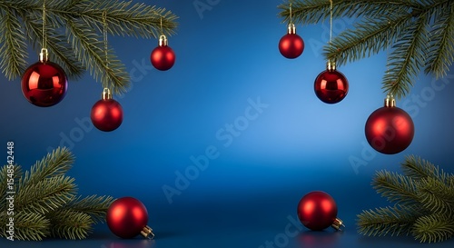 Modern Blue Christmas background with red balls and fir branches.