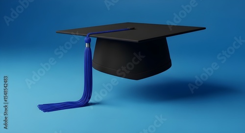  bleck graduation cap with tassel on a blue background.