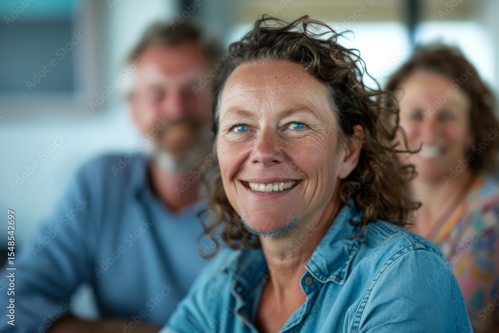 Portrait of a smiling mature woman with her family in background at home Portrait of a smiling mature woman with her family in background at home