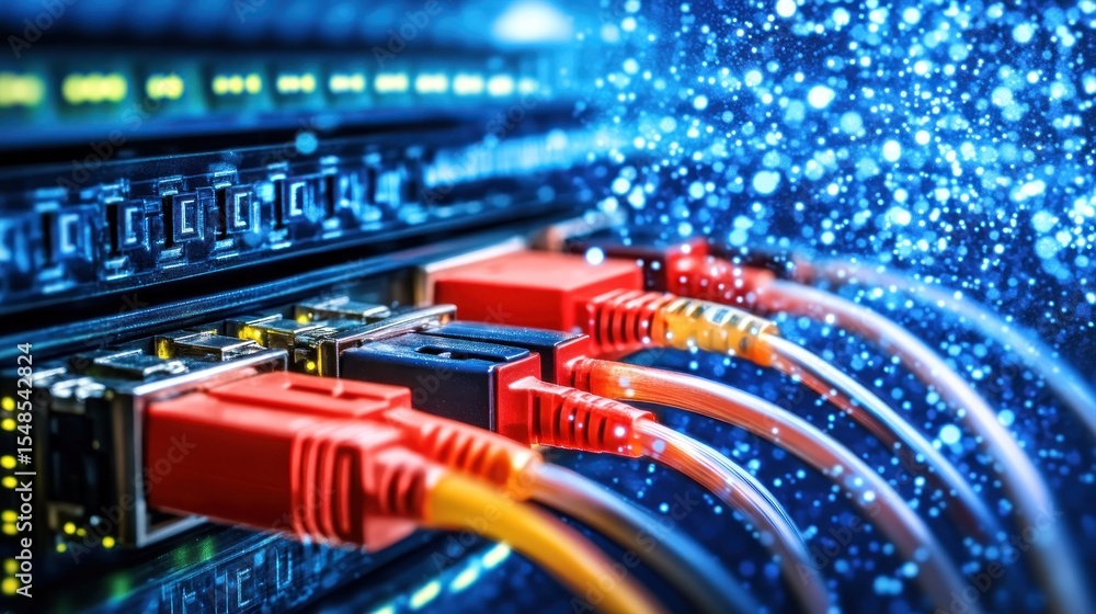 Fototapeta premium Network cables connected to server rack