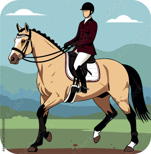 Equestrian rider on tan horse in burgundy jacket riding outdoors with hills background vector illustration 