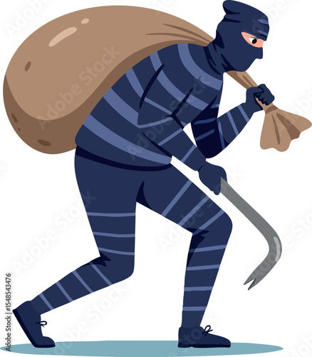 Burglar in striped clothes carrying sack and crowbar sneaking stealthily vector illustration 