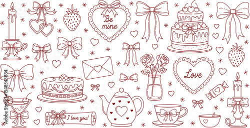 Set of hand drawn coquette elements for Valentines day, wedding invitation, birthday card. Cute girly bows, hearts, ribbons, cherry, cake, heart frame, strawberry. Vintage elegant vector
