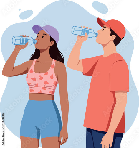 Young man and woman drinking water after exercise vector illustration in casual sportswear 
