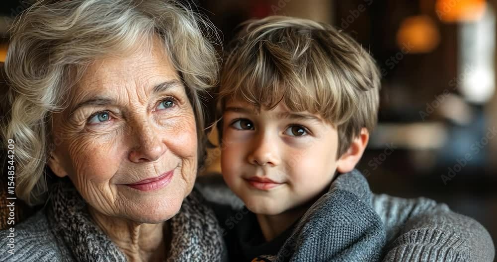 Close-up portrait of a grandmother and grandson, sharing a tender moment. Close-up portrait of a grandmother and grandson, sharing a tender moment.