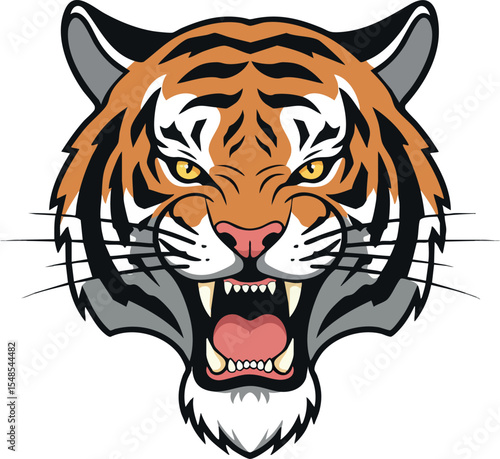 Tiger head roaring wild animal illustration with fierce expression and orange stripes vector graphic 
